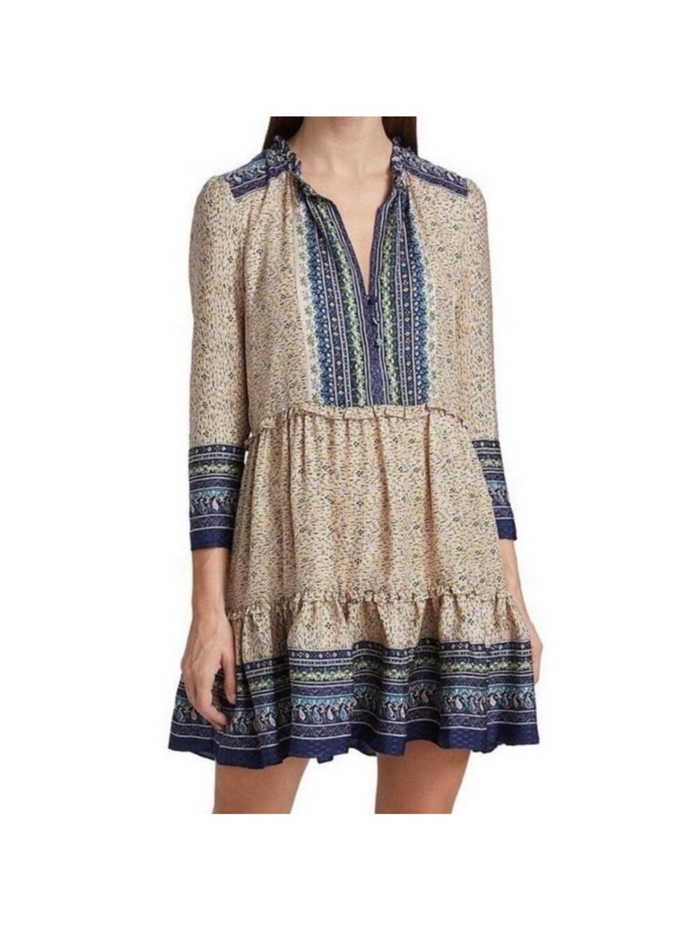 Veronica Beard Lumi 100% silk dress ruffle hem knee length tan navy size 14 NEW